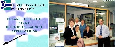 Montage of a 2000-era jpeg notice directing users to press 'Start', with a photo of a group of IT Services staff posed at ITS Reception