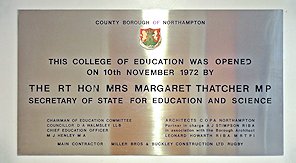Plaque showing that the Park Campus was opened by Secretary of State for Education, Rt Hon Margaret Thatcher MP on 10th Nov 1972
