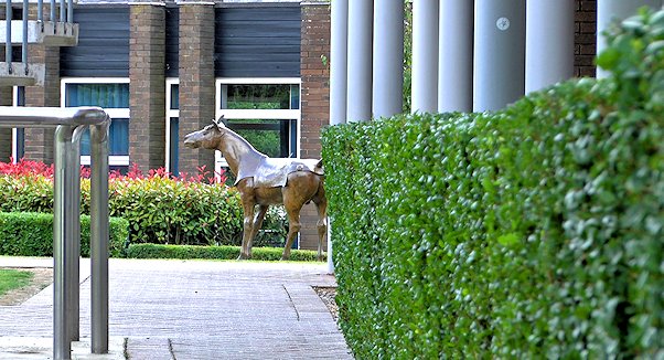 Sun Horse sculpture set amongst shrubs and buildings
